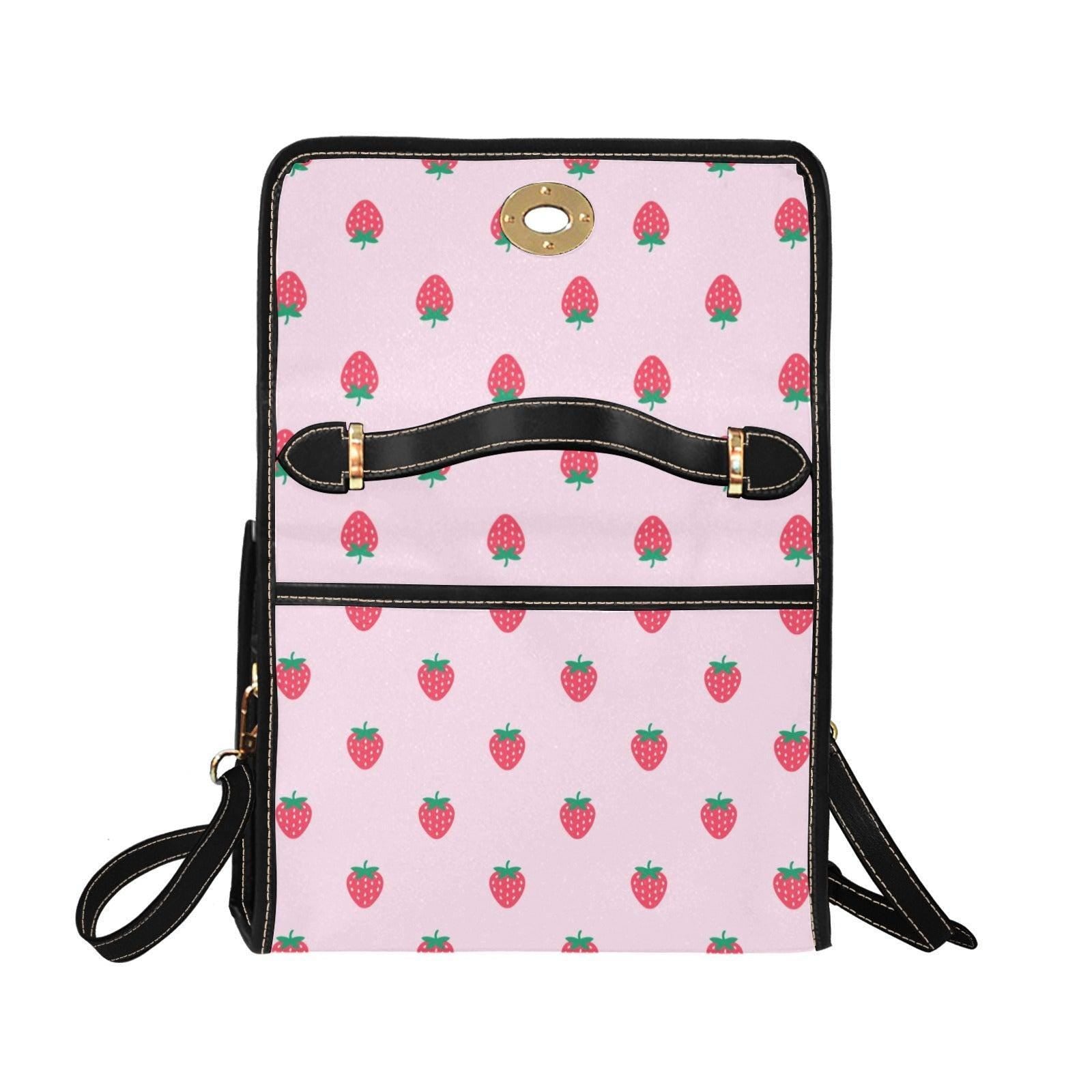 Pink Strawberry Print Satchel Bag, Kawaii Crossbody Handbag, Summer Fruit Purse