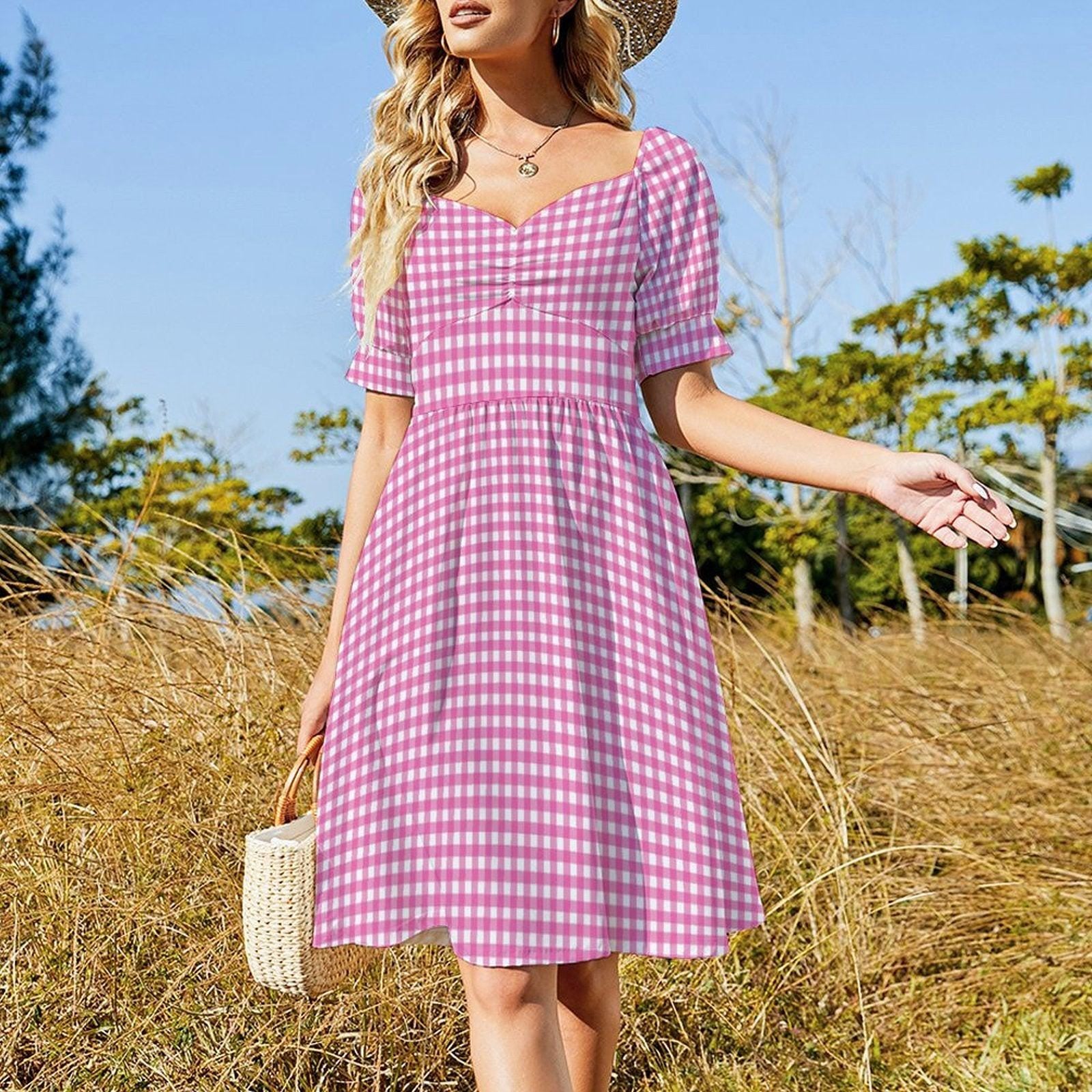 Tiny Check Pink Dress, Gingham Summer Brunch Outfit, Romantic Picnic Girlcore Look, Cottagecore Midi Puff Sleeve Dress, Pink Soft Style