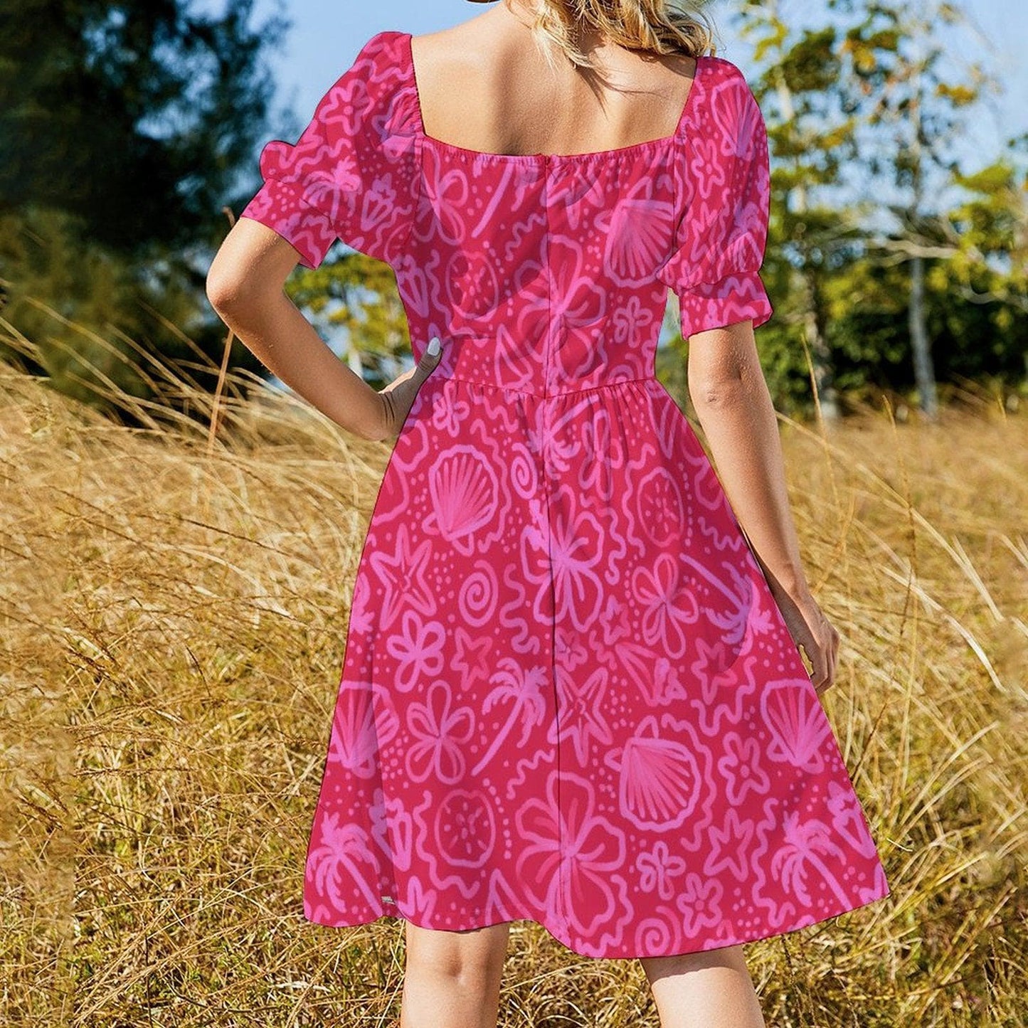 Hot Pink Vacation Dress, Retro Floral Midi Dress, Vintage Puff Sleeve Dress, Girly Summer Sundress,Hawaiian Cottage Dress,Resort Party Dress