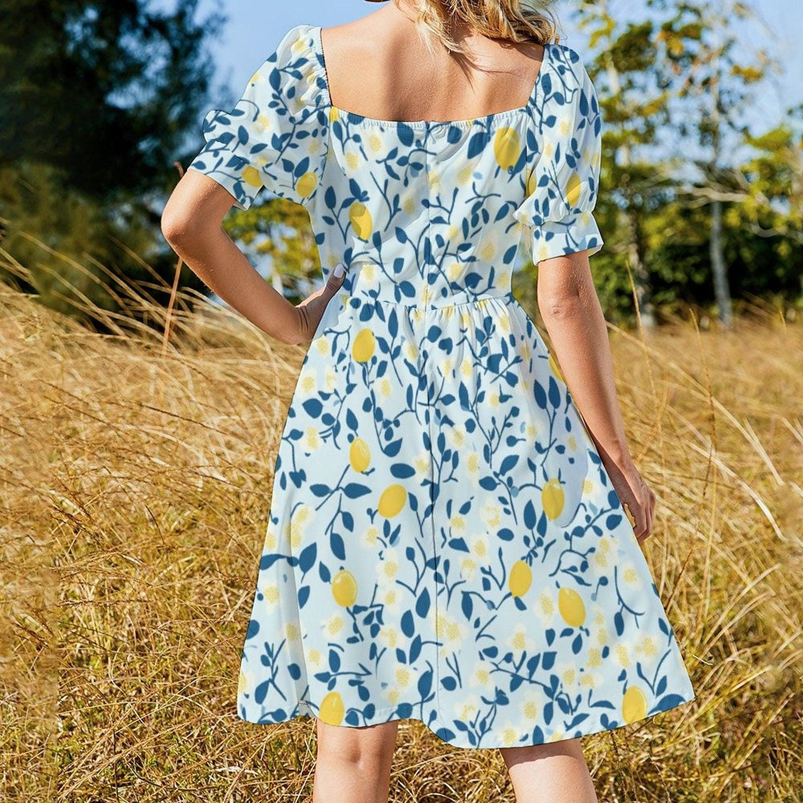 Whimsical Lemon Print Dress, Soft Cottagecore Picnic Style, Puff Sleeve Summer Midi, Fruit Aesthetic Garden Outfit,Sweet Retro Vacation Look
