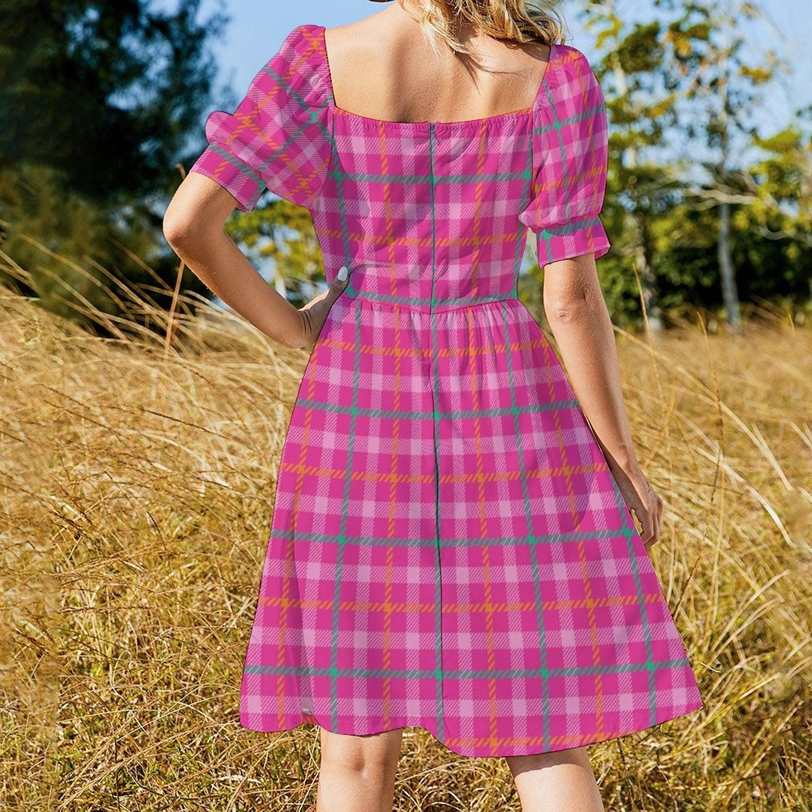 Bright Plaid Picnic Dress, Fairycore Cottage Midi, Colorful Girlcore Aesthetic Outfit, Puff Sleeve Brunch Dress, Retro Picnic Day Dress