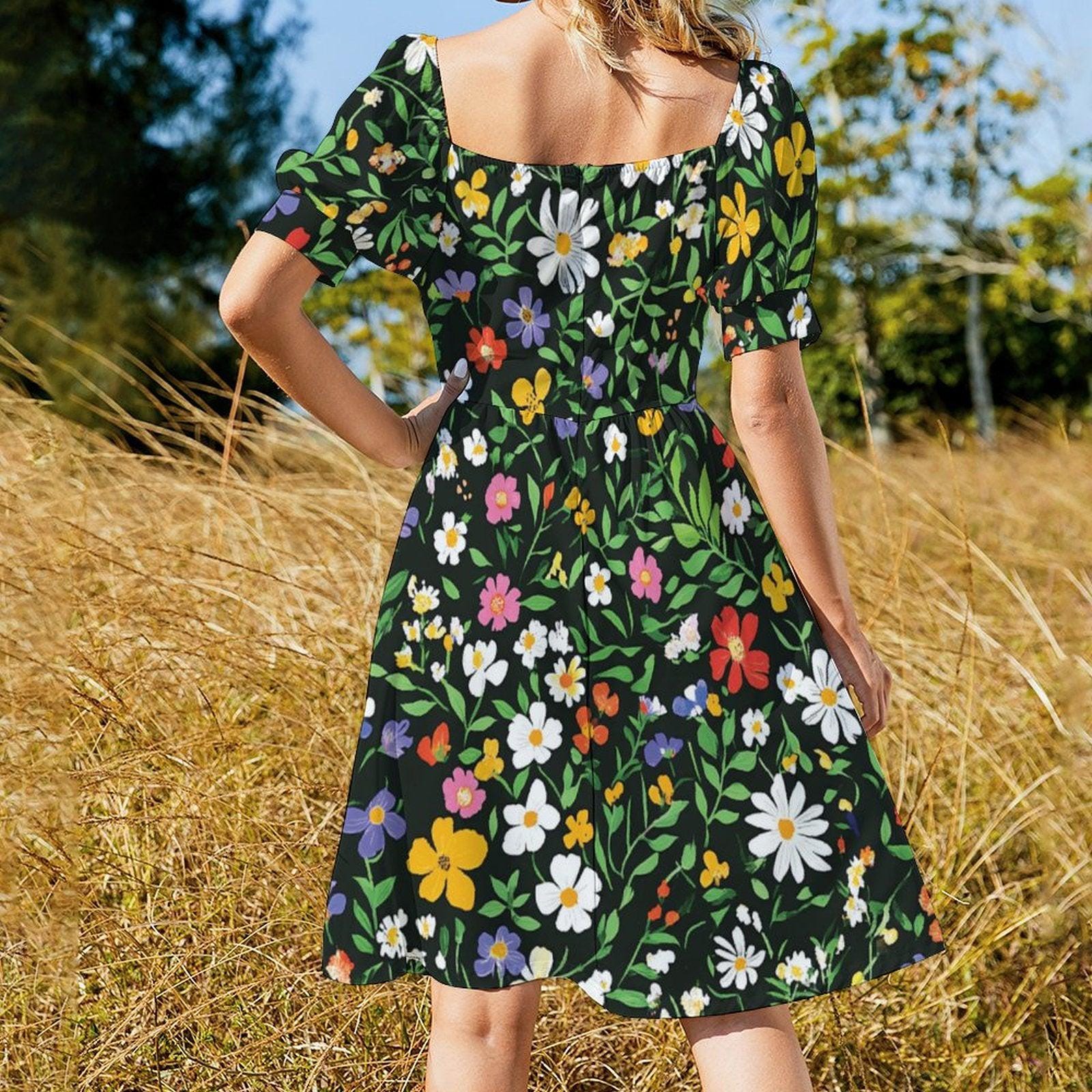 Dark Floral Midi Dress, Vintage Puff Sleeve Dress, Cottagecore Summer Outfit,Floral Garden Clothing,Romantic Fairycore Dress,Retro Tea Party