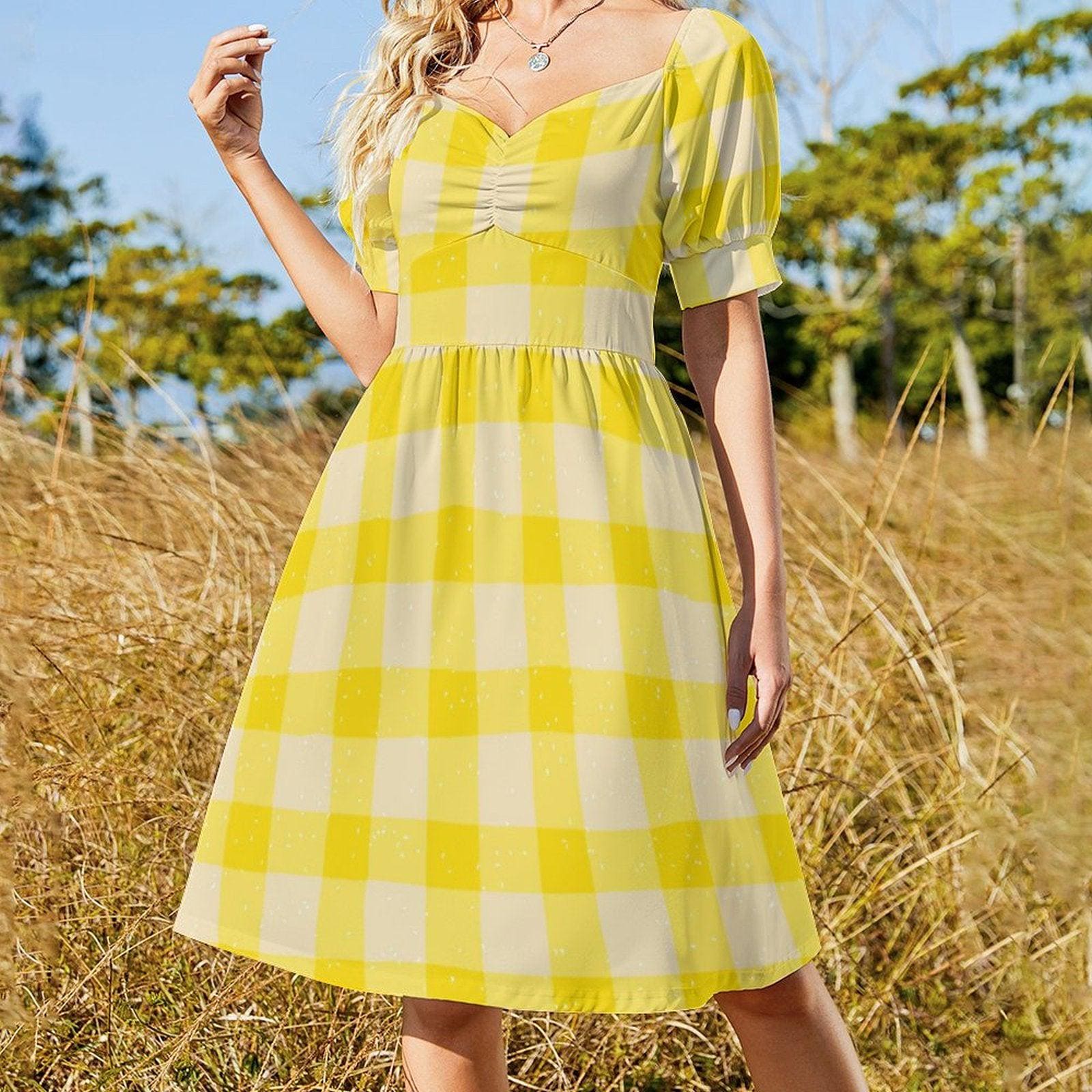Yellow Gingham Puff Sleeve Midi Dress, Cottagecore Picnic Style, Retro Summer Outfit