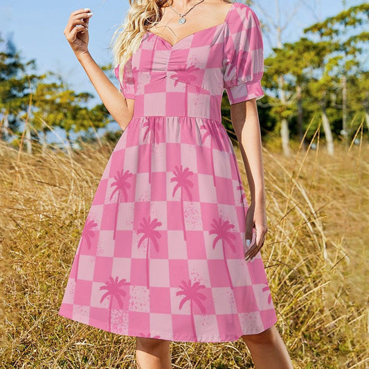 Pink Palm Check Dress, Retro Summer Sundress, Cute Cottagecore Picnic Outfit