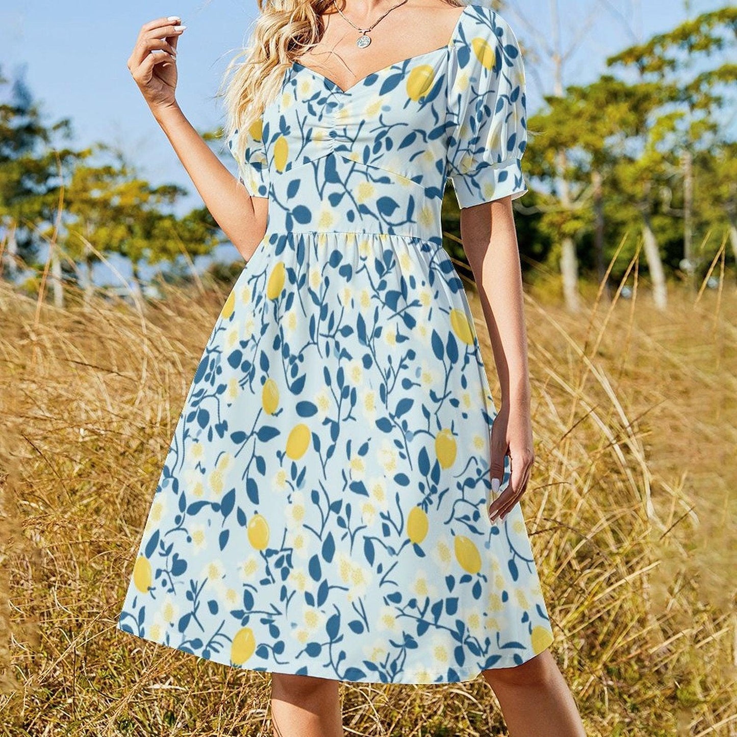Whimsical Lemon Print Dress, Soft Cottagecore Picnic Style, Puff Sleeve Summer Midi, Fruit Aesthetic Garden Outfit,Sweet Retro Vacation Look