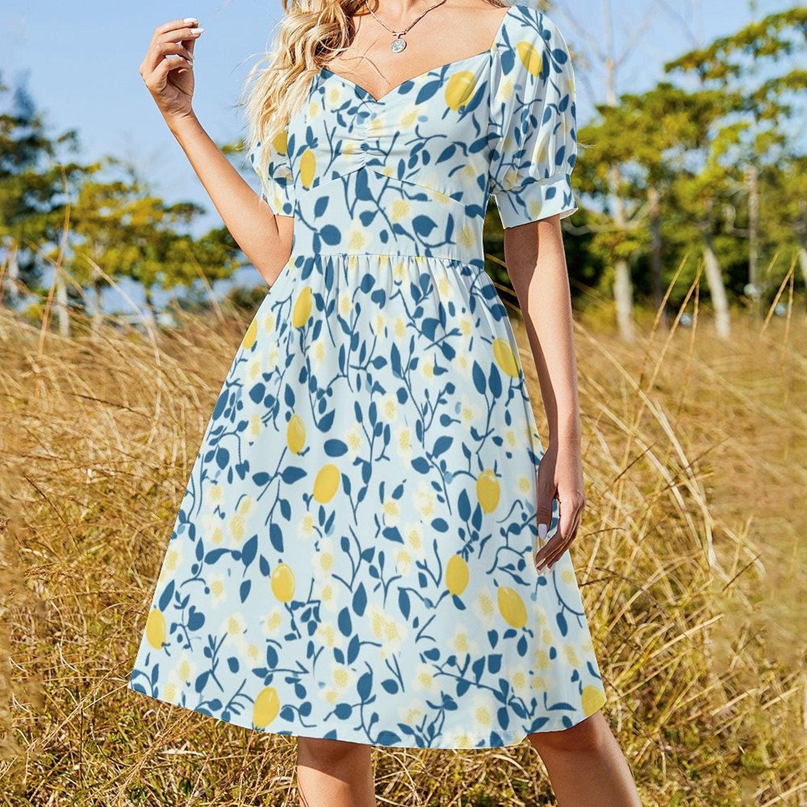 Whimsical Lemon Print Dress, Soft Cottagecore Picnic Style, Puff Sleeve Summer Midi, Fruit Aesthetic Garden Outfit,Sweet Retro Vacation Look