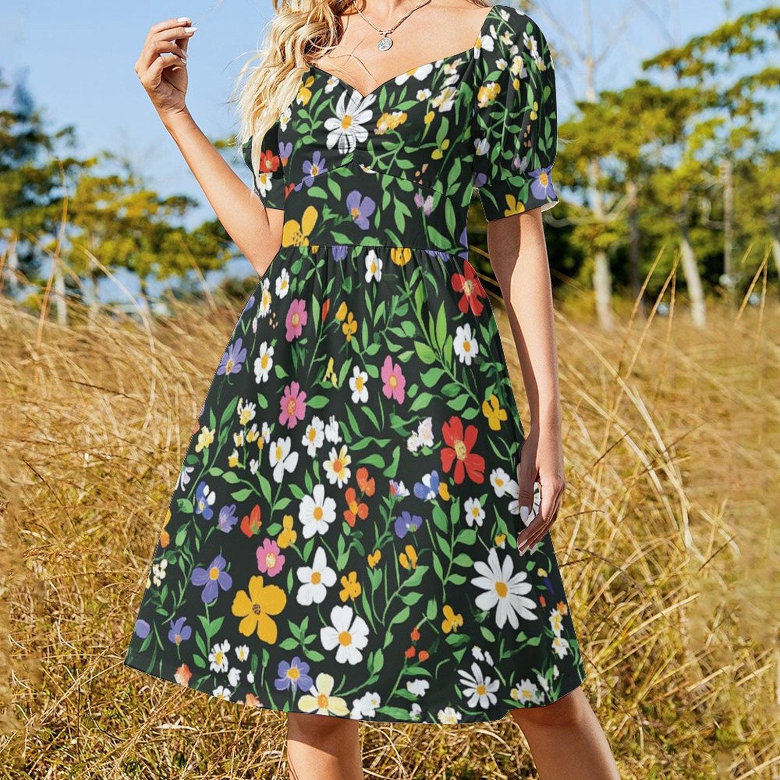 Dark Floral Midi Dress, Vintage Puff Sleeve Dress, Cottagecore Summer Outfit,Floral Garden Clothing,Romantic Fairycore Dress,Retro Tea Party