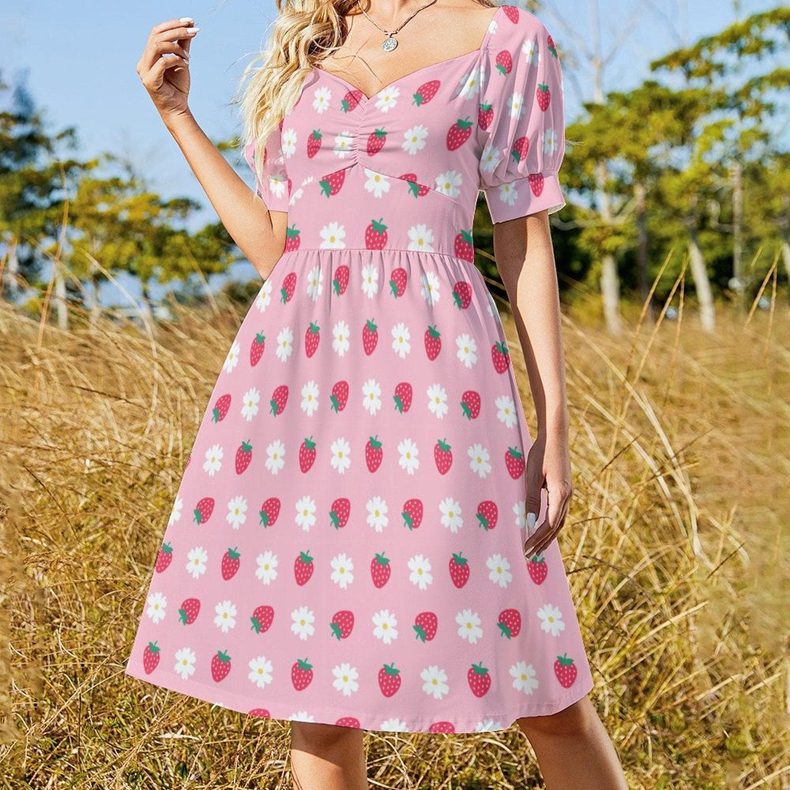 Berry Daisy Midi Dress, Pink Strawberry Outfit, Cute Cottagecore Fashion, Puff Sleeve Summer Dress, Pastel Picnic Clothing,Girly Fairy Dress