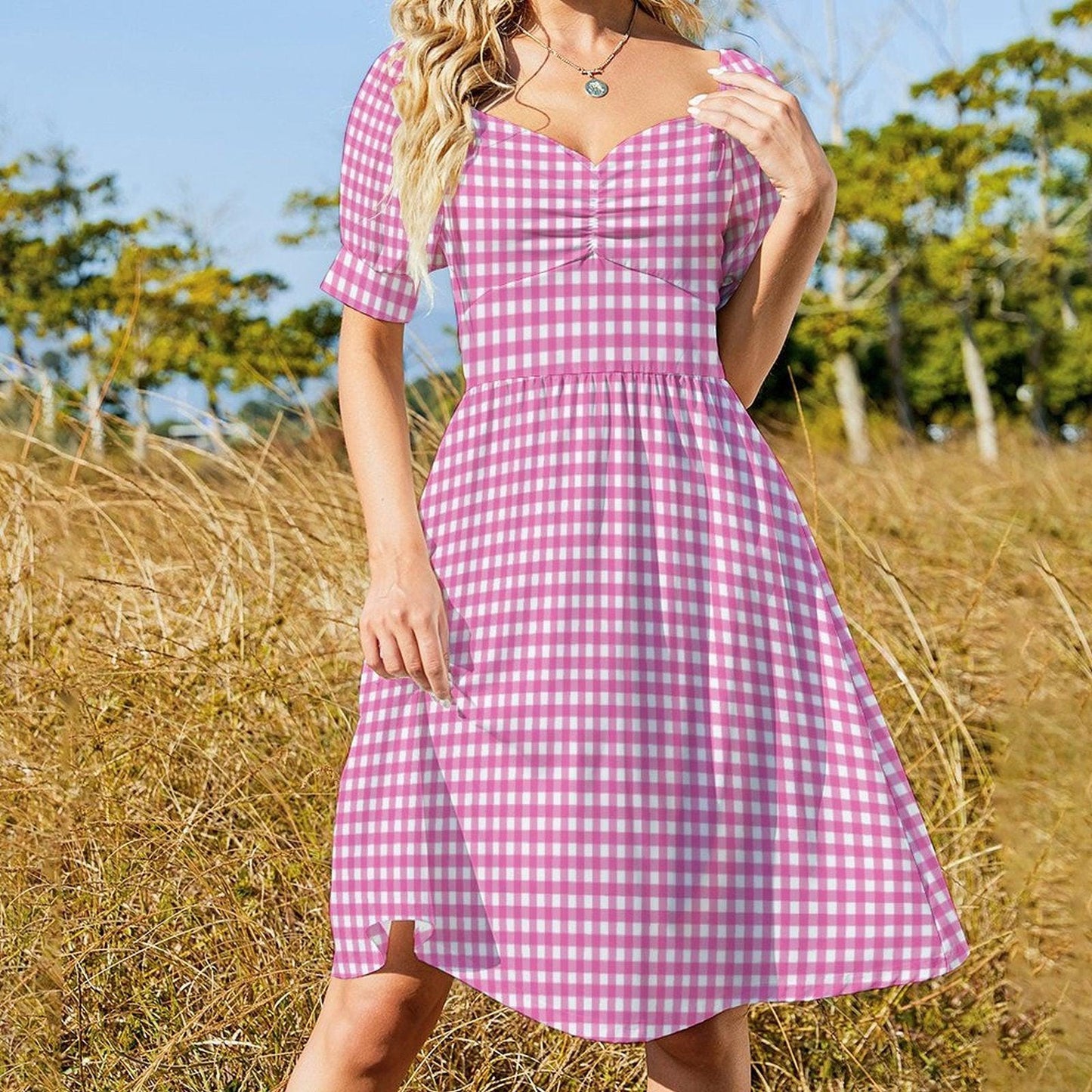 Tiny Check Pink Dress, Gingham Summer Brunch Outfit, Romantic Picnic Girlcore Look, Cottagecore Midi Puff Sleeve Dress, Pink Soft Style