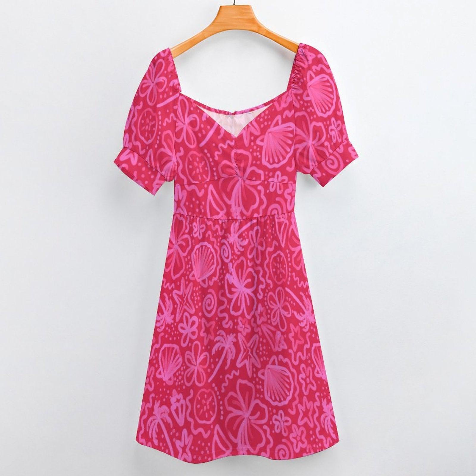 Hot Pink Vacation Dress, Retro Floral Midi Dress, Vintage Puff Sleeve Dress, Girly Summer Sundress,Hawaiian Cottage Dress,Resort Party Dress