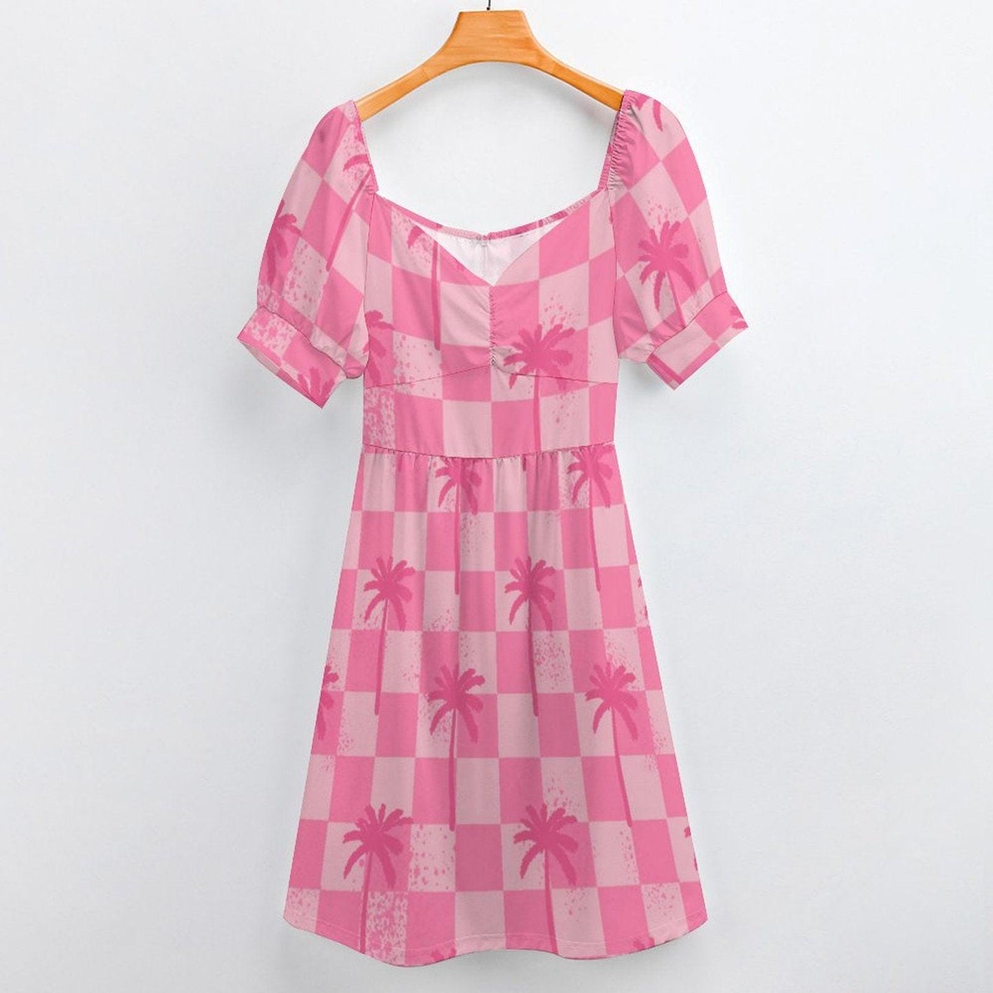 Pink Palm Check Dress, Retro Summer Sundress, Cute Cottagecore Picnic Outfit