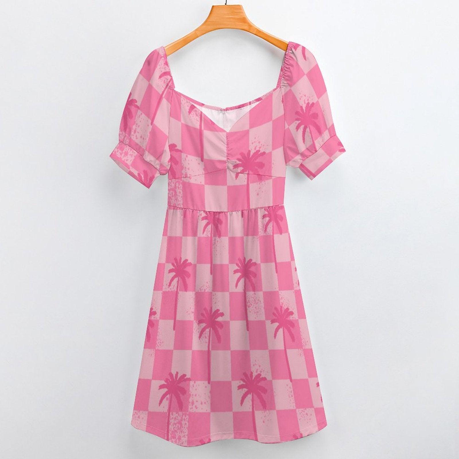 Pink Palm Check Dress, Retro Summer Sundress, Cute Cottagecore Picnic Outfit