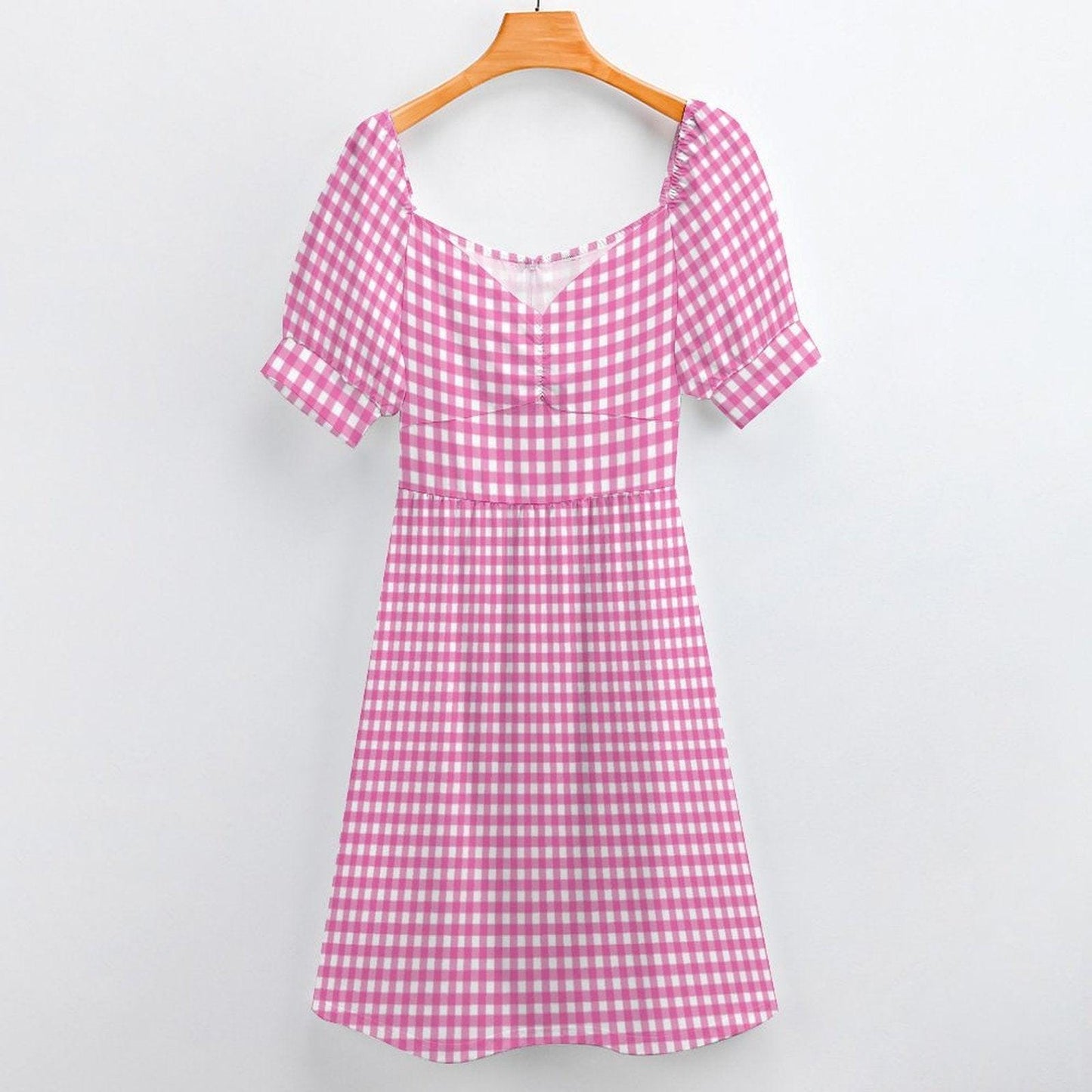 Tiny Check Pink Dress, Gingham Summer Brunch Outfit, Romantic Picnic Girlcore Look, Cottagecore Midi Puff Sleeve Dress, Pink Soft Style