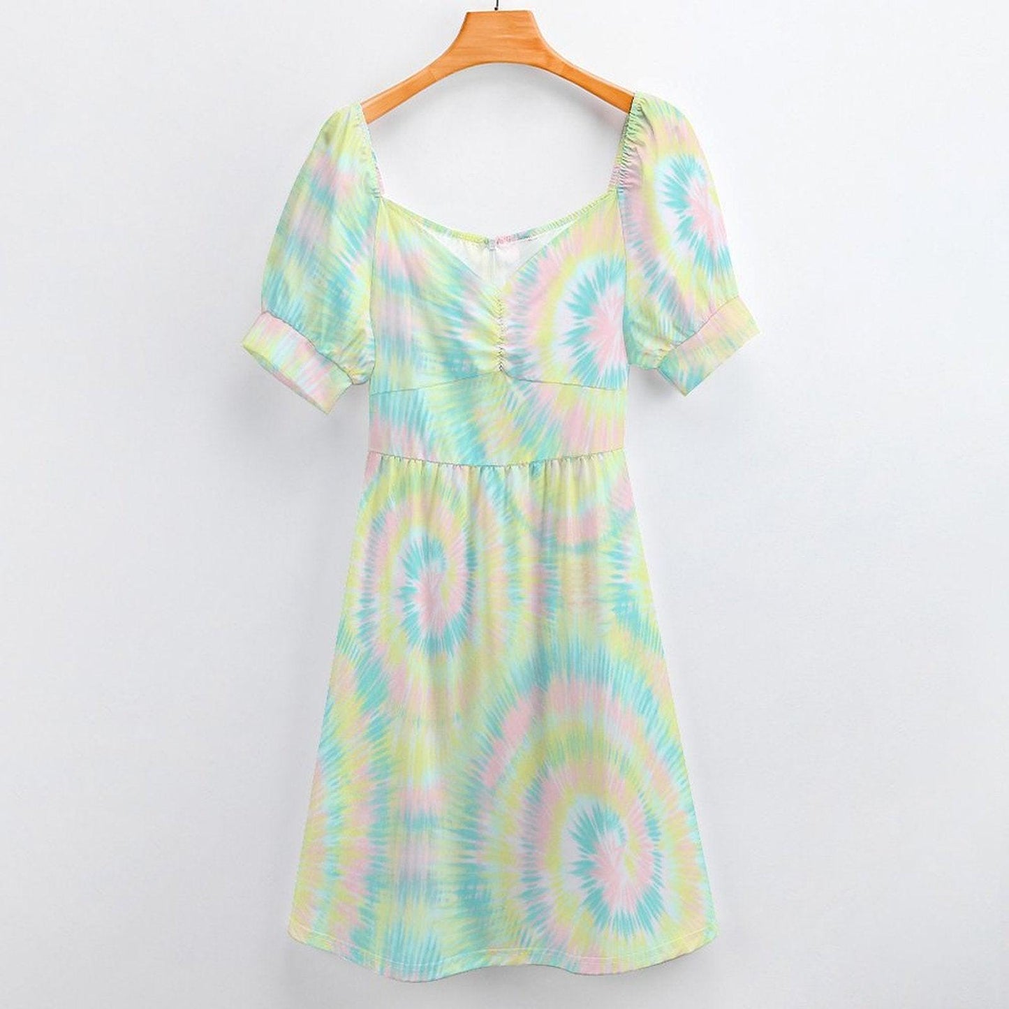 Pastel Tie Dye Midi Dress, Puff Sleeves, Vintage Style