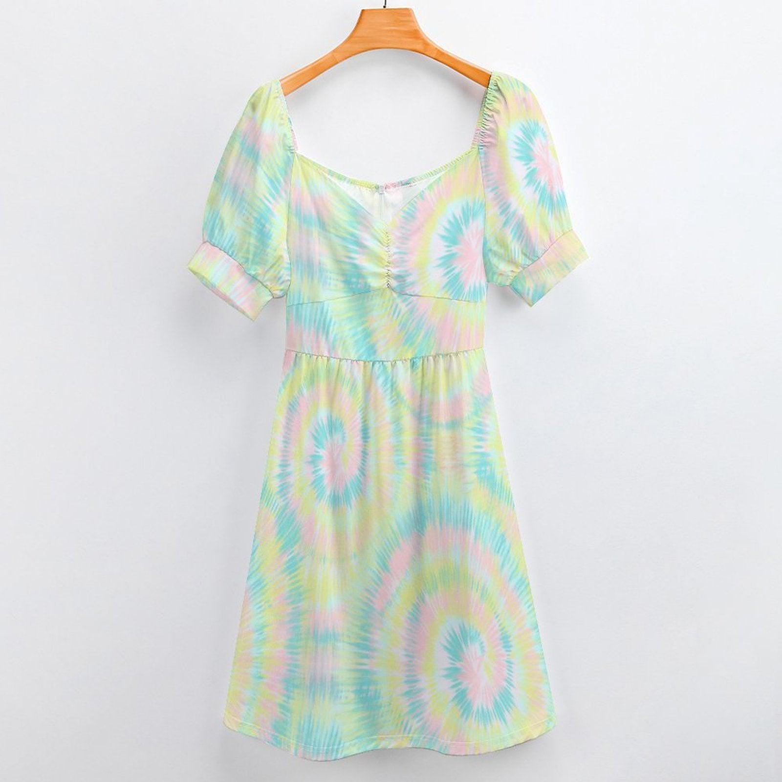 Pastel Tie Dye Midi Dress, Puff Sleeves, Vintage Style