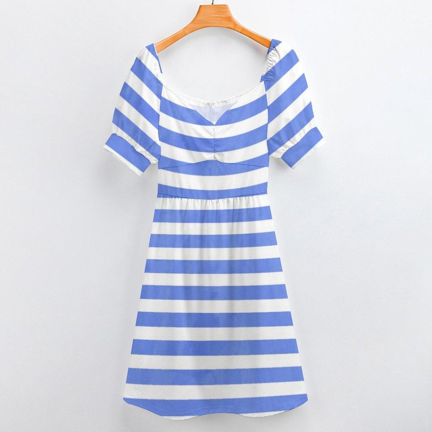 Blue White Stripe Dress, Nautical Summer Sundress with Puff Sleeves Retro Style
