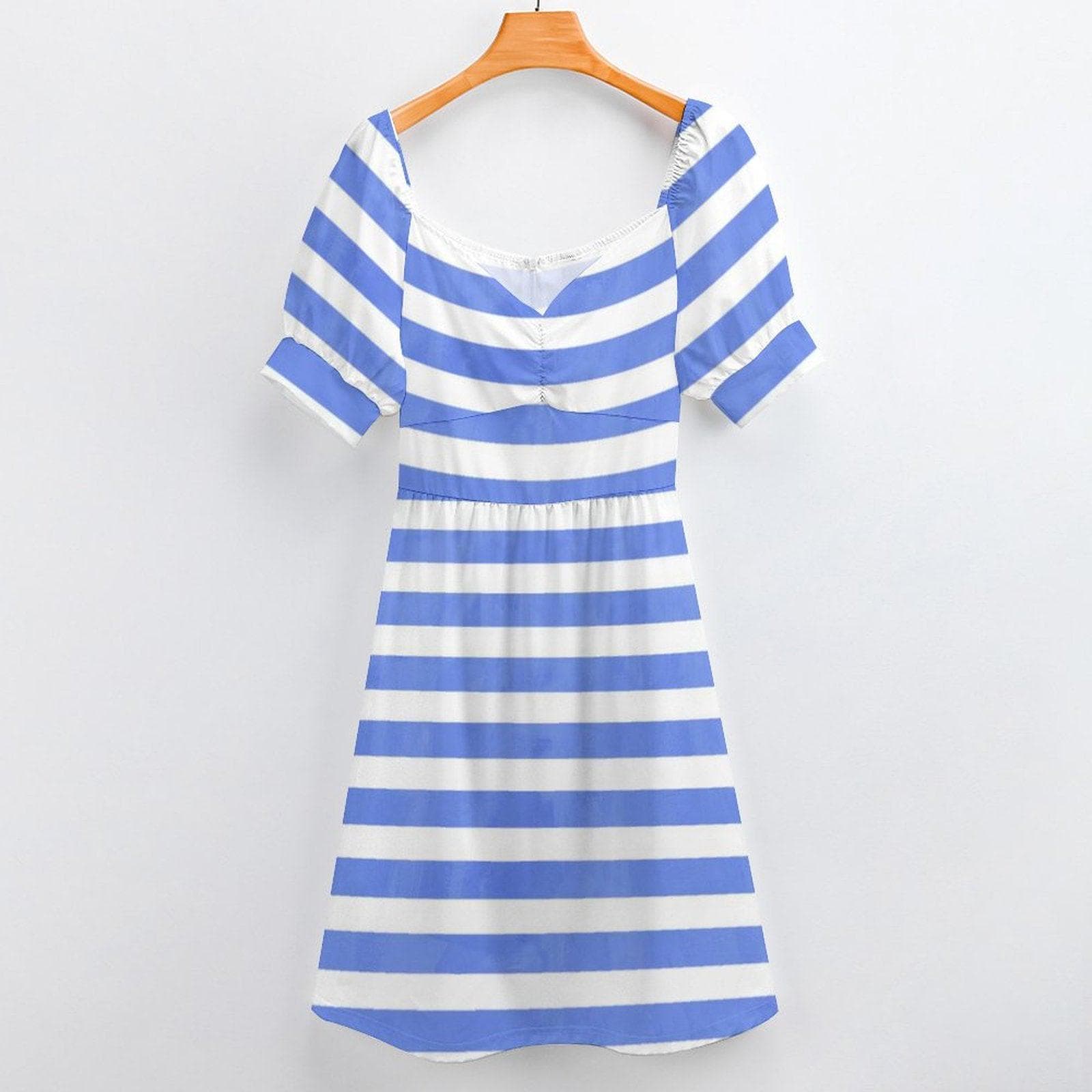 Blue White Stripe Dress, Nautical Summer Sundress with Puff Sleeves Retro Style