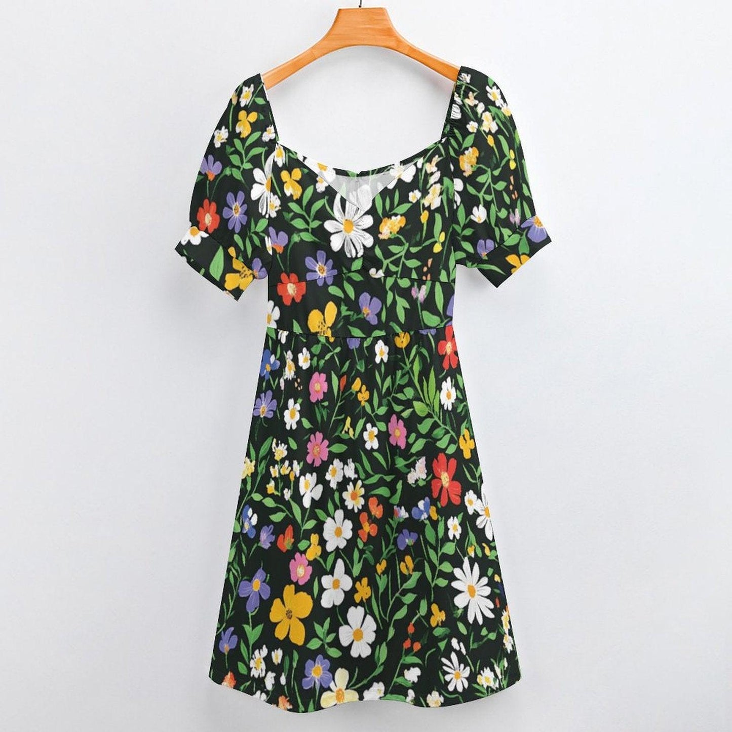 Dark Floral Midi Dress, Vintage Puff Sleeve Dress, Cottagecore Summer Outfit,Floral Garden Clothing,Romantic Fairycore Dress,Retro Tea Party