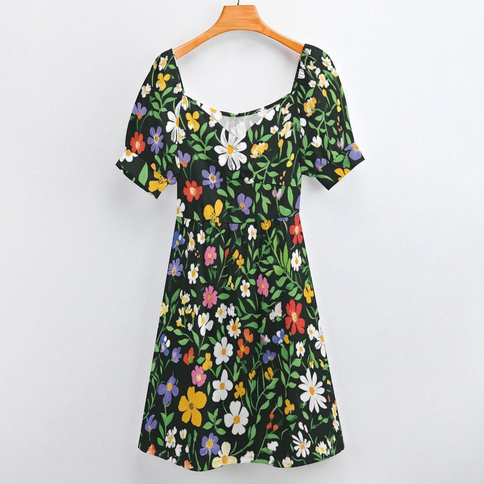 Dark Floral Midi Dress, Vintage Puff Sleeve Dress, Cottagecore Summer Outfit,Floral Garden Clothing,Romantic Fairycore Dress,Retro Tea Party
