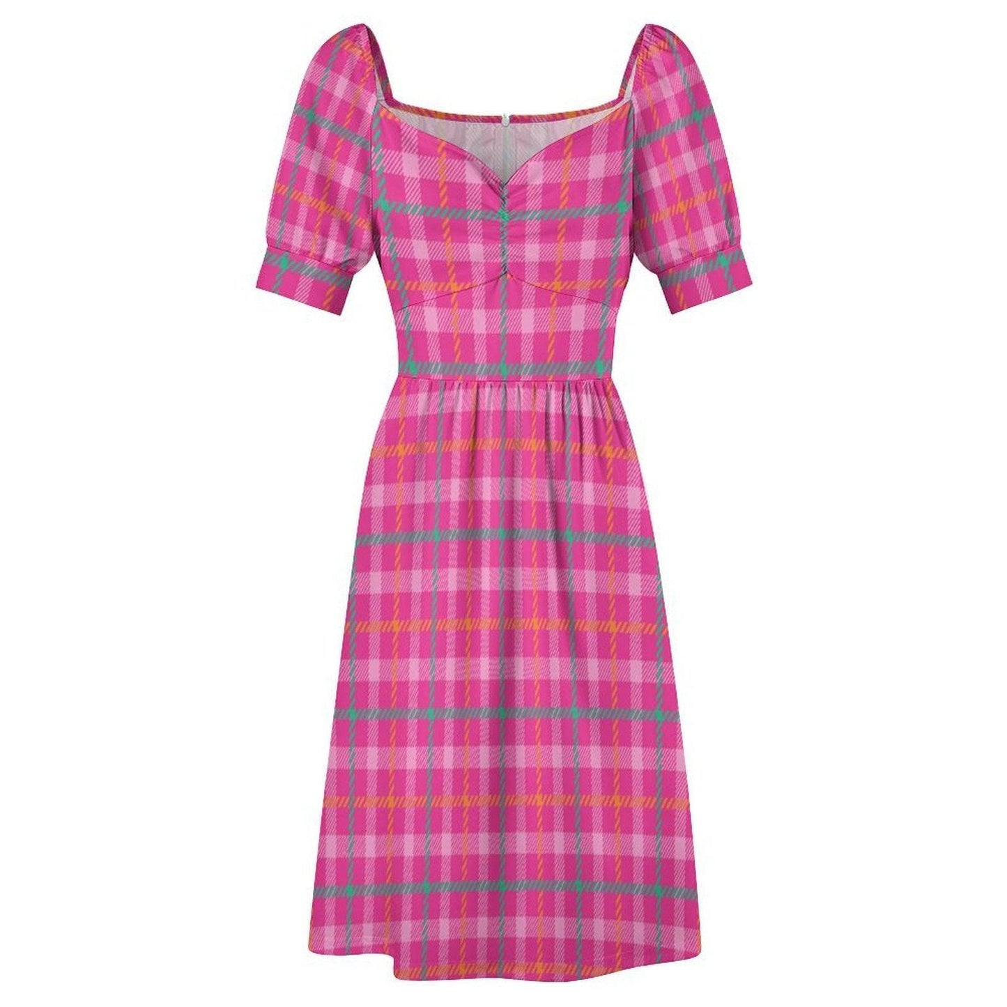 Bright Plaid Picnic Dress, Fairycore Cottage Midi, Colorful Girlcore Aesthetic Outfit, Puff Sleeve Brunch Dress, Retro Picnic Day Dress
