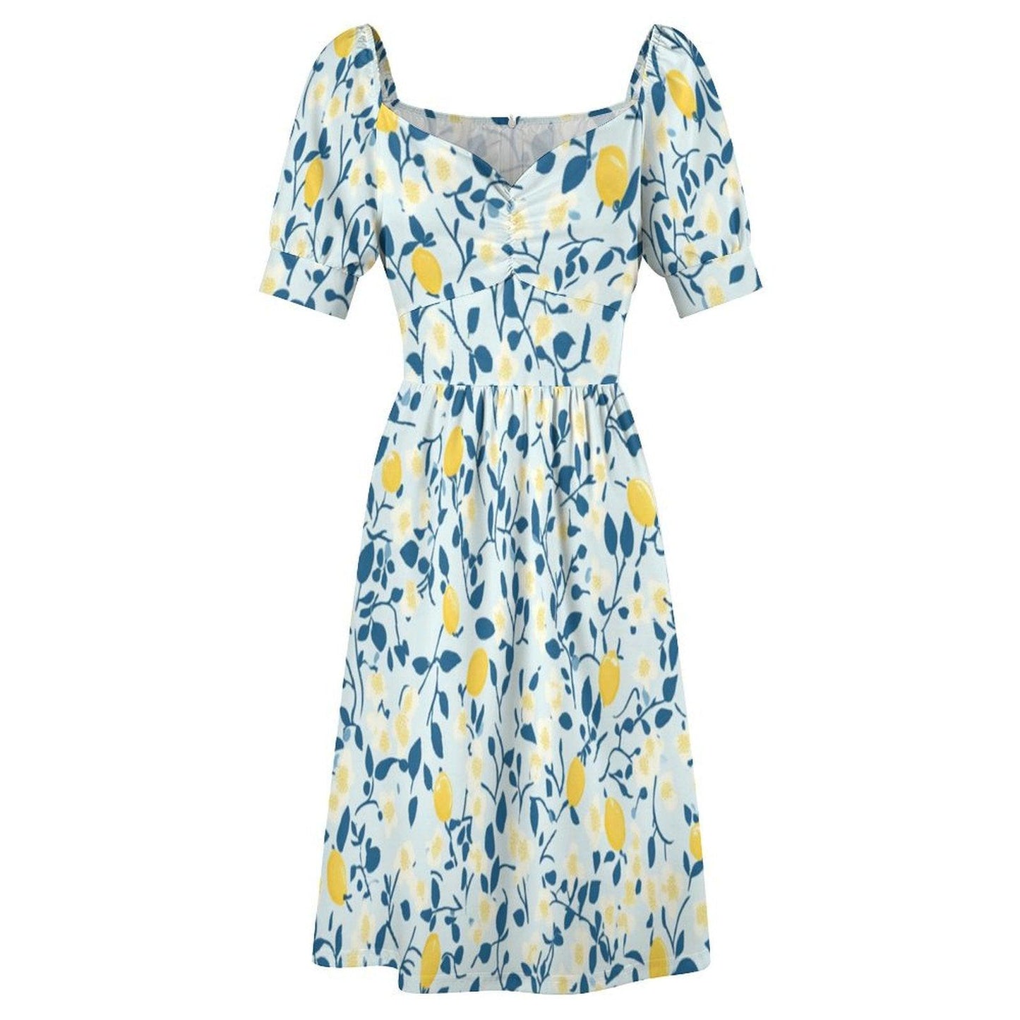 Whimsical Lemon Print Dress, Soft Cottagecore Picnic Style, Puff Sleeve Summer Midi, Fruit Aesthetic Garden Outfit,Sweet Retro Vacation Look