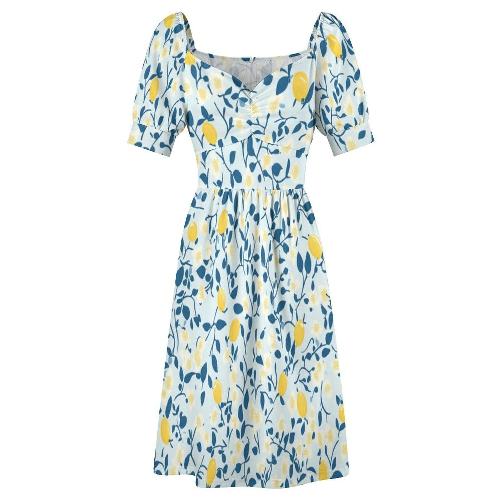 Whimsical Lemon Print Dress, Soft Cottagecore Picnic Style, Puff Sleeve Summer Midi, Fruit Aesthetic Garden Outfit,Sweet Retro Vacation Look