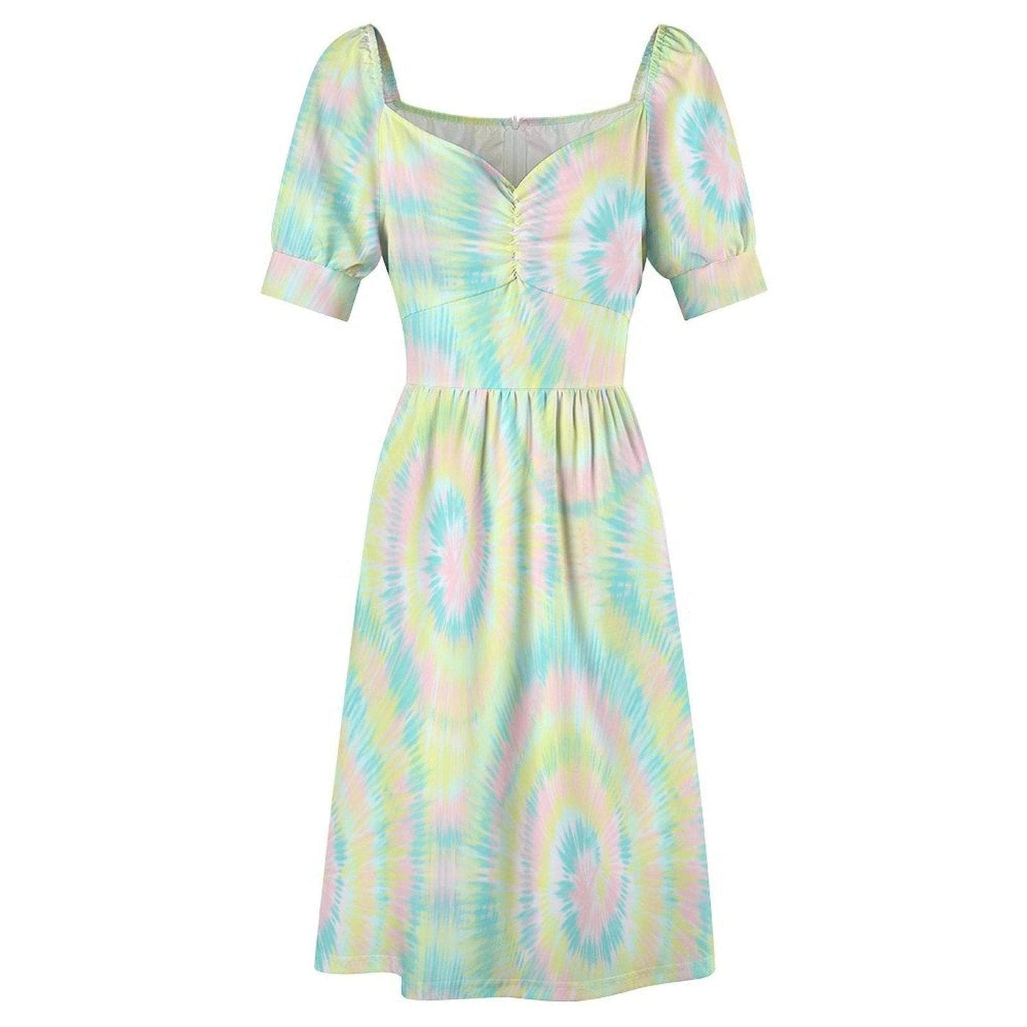 Pastel Tie Dye Midi Dress, Puff Sleeves, Vintage Style