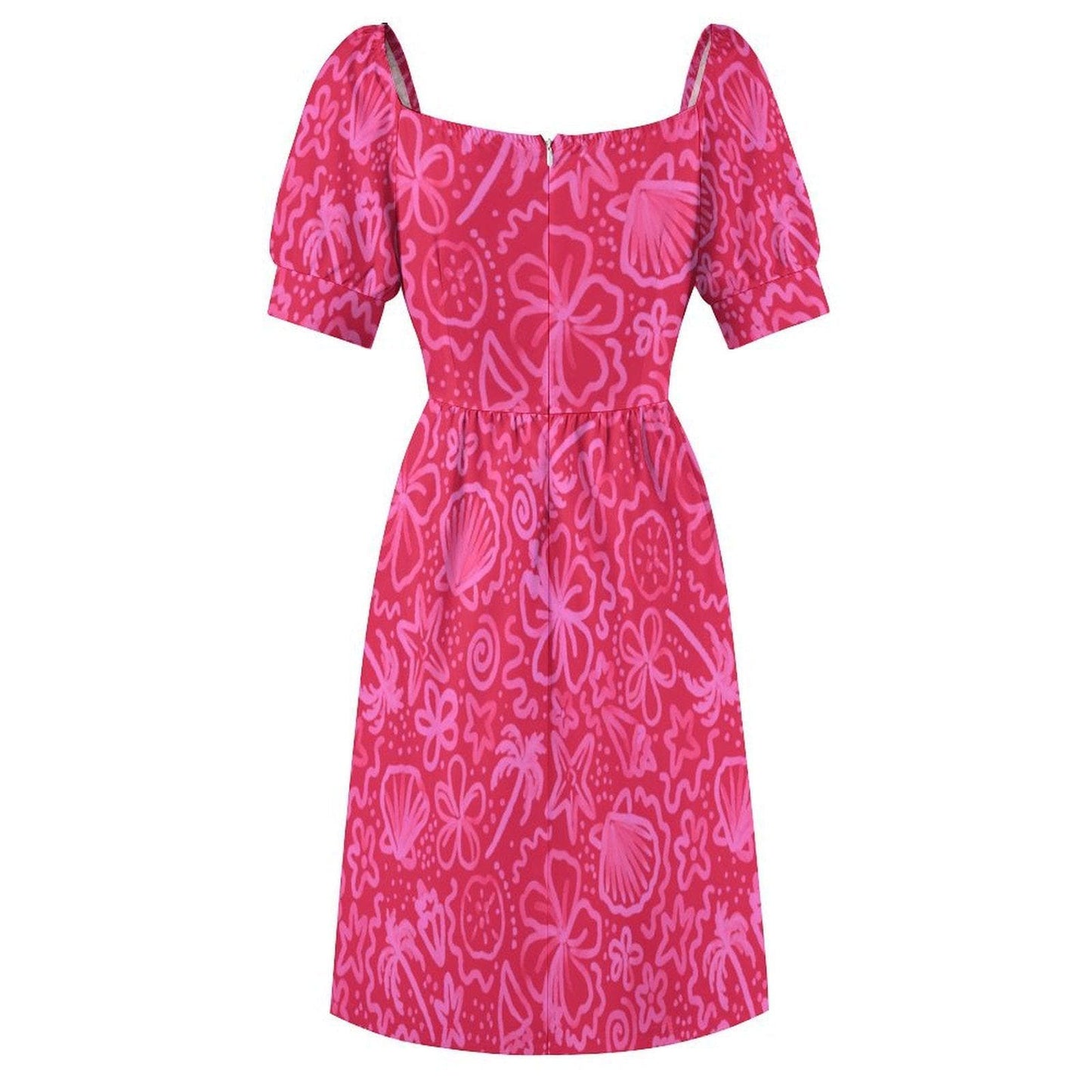 Hot Pink Vacation Dress, Retro Floral Midi Dress, Vintage Puff Sleeve Dress, Girly Summer Sundress,Hawaiian Cottage Dress,Resort Party Dress