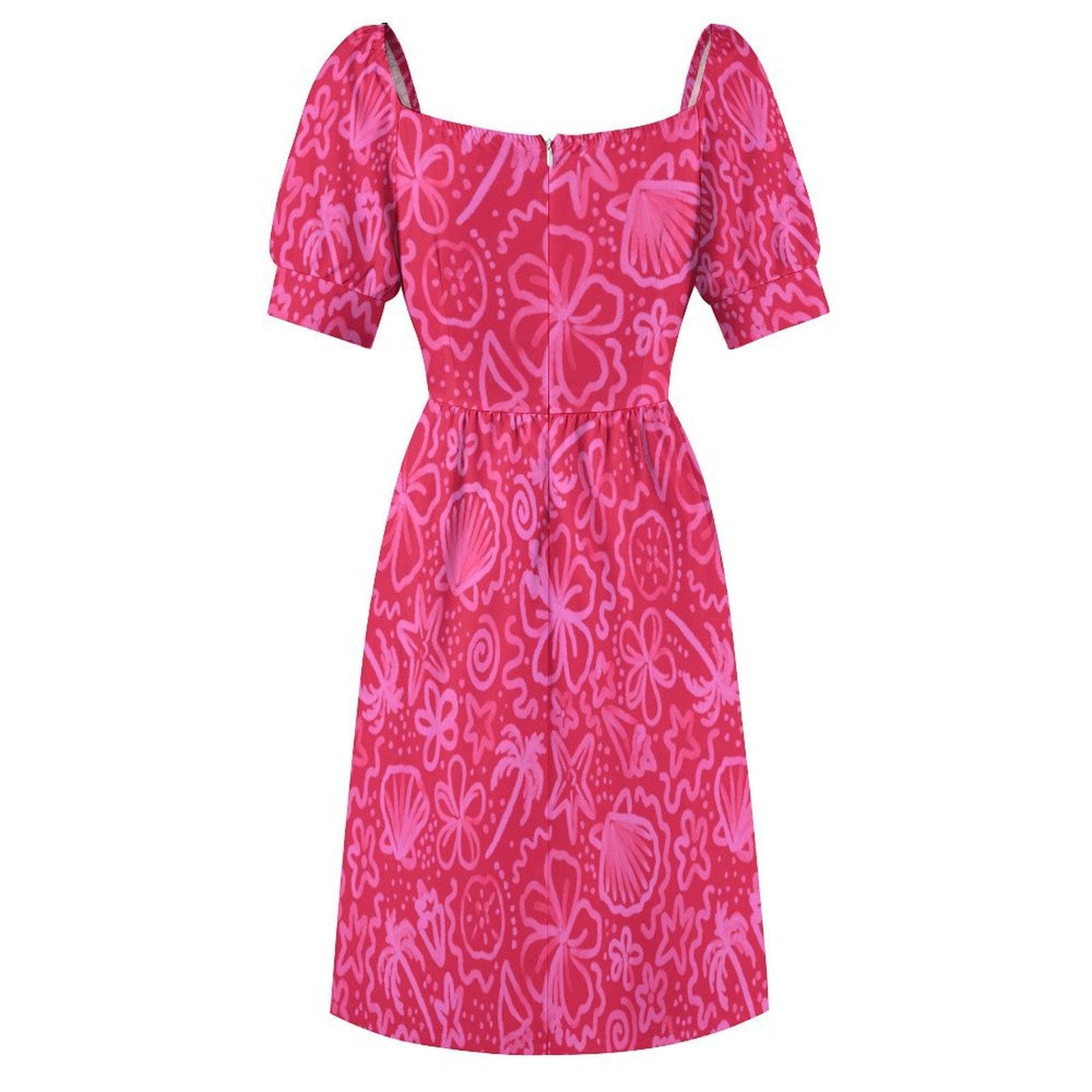 Hot Pink Vacation Dress, Retro Floral Midi Dress, Vintage Puff Sleeve Dress, Girly Summer Sundress,Hawaiian Cottage Dress,Resort Party Dress