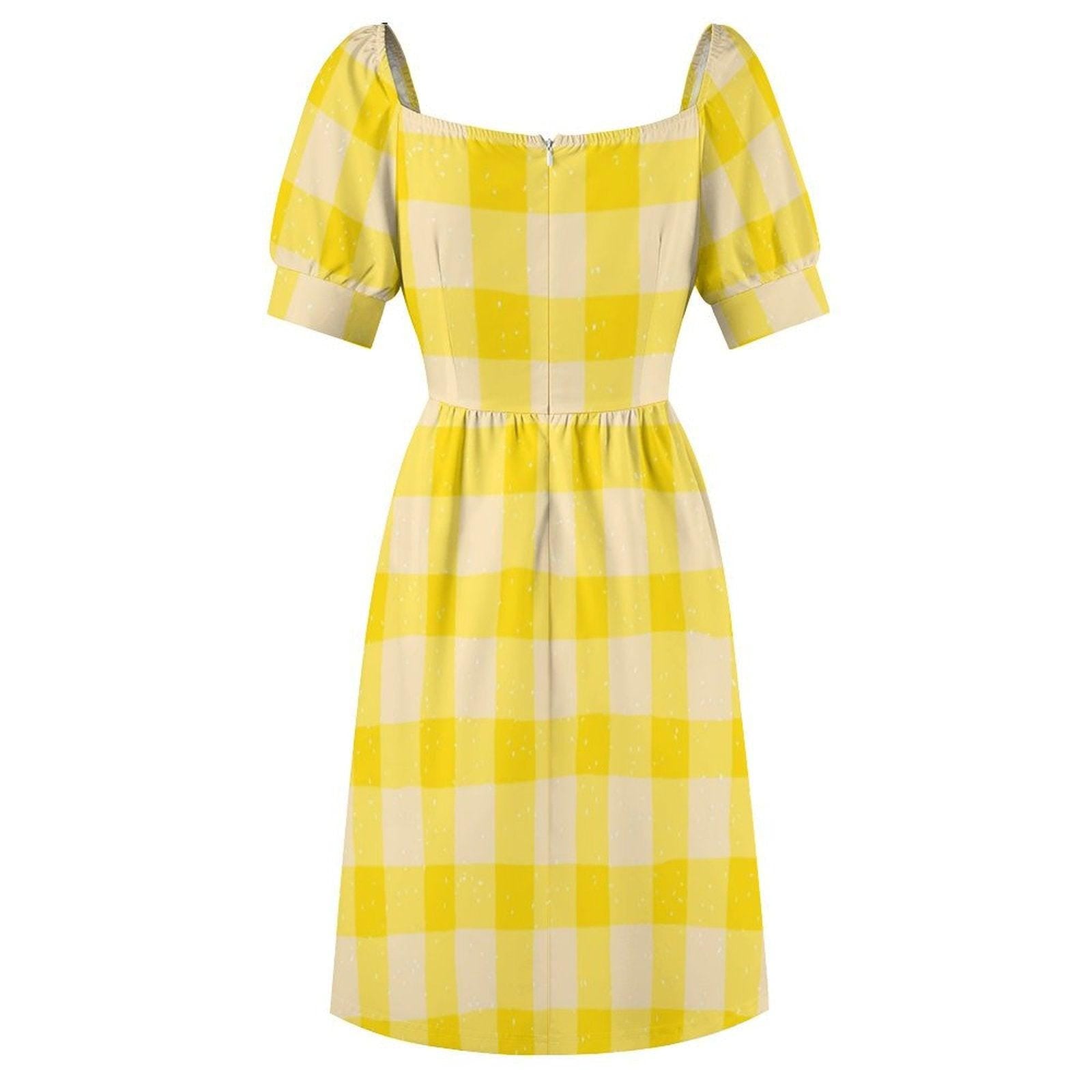 Yellow Gingham Puff Sleeve Midi Dress, Cottagecore Picnic Style, Retro Summer Outfit
