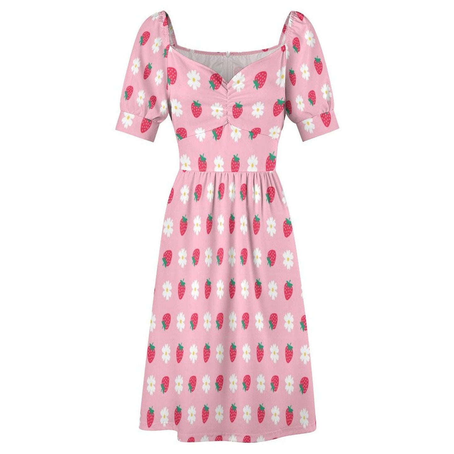 Berry Daisy Midi Dress, Pink Strawberry Outfit, Cute Cottagecore Fashion, Puff Sleeve Summer Dress, Pastel Picnic Clothing,Girly Fairy Dress