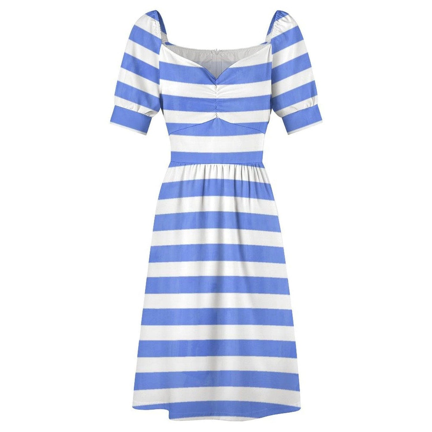 Blue White Stripe Dress, Nautical Summer Sundress with Puff Sleeves Retro Style
