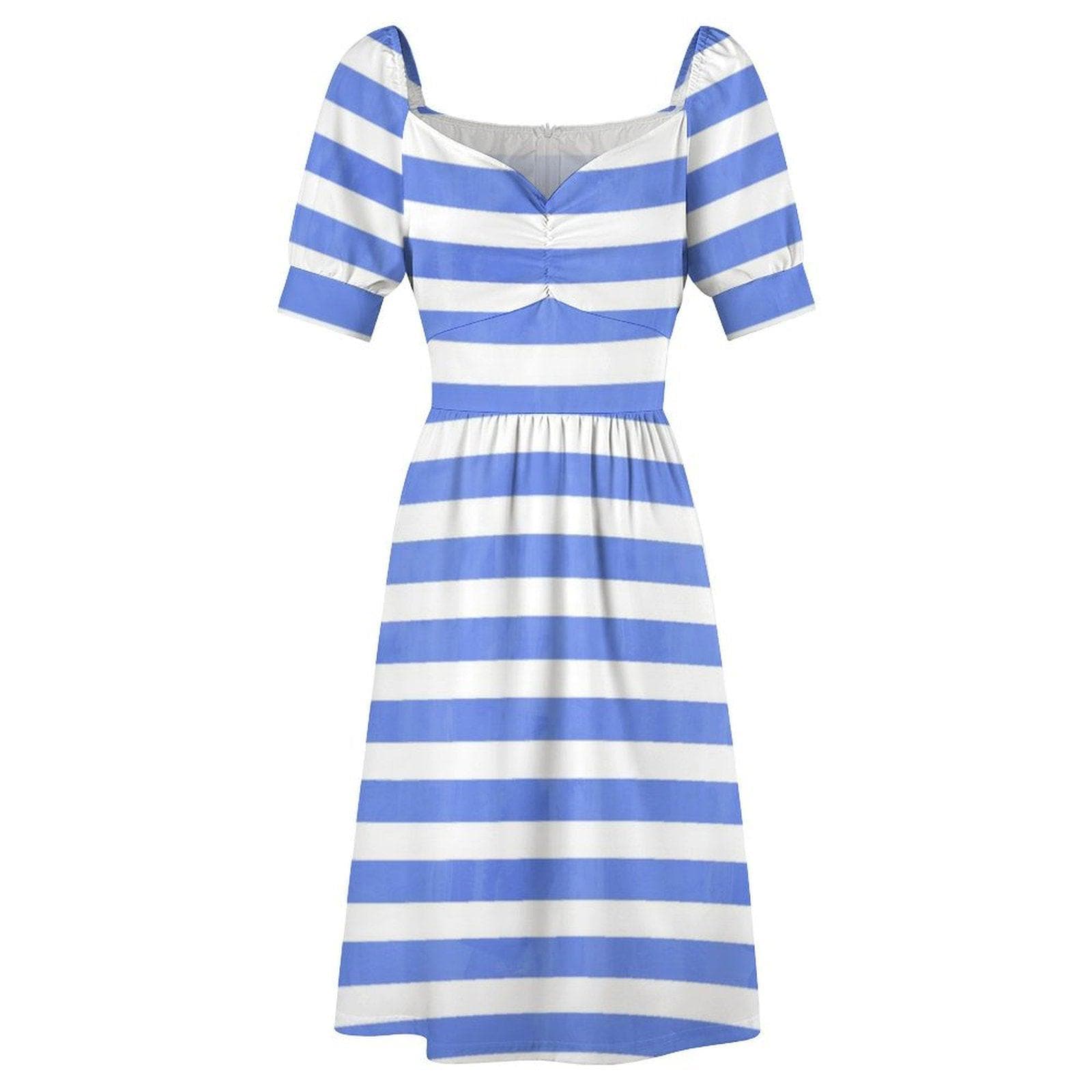 Blue White Stripe Dress, Nautical Summer Sundress with Puff Sleeves Retro Style