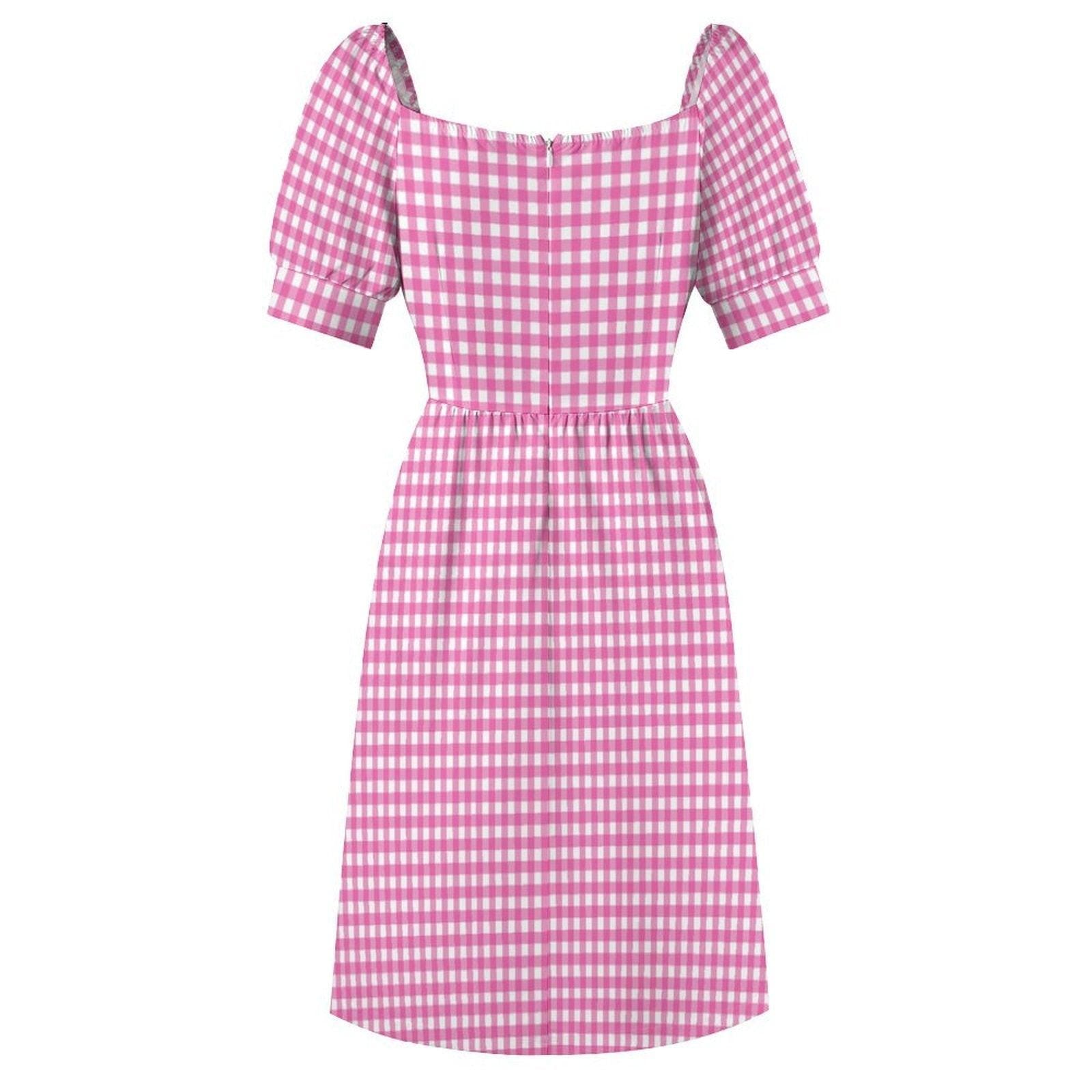 Tiny Check Pink Dress, Gingham Summer Brunch Outfit, Romantic Picnic Girlcore Look, Cottagecore Midi Puff Sleeve Dress, Pink Soft Style