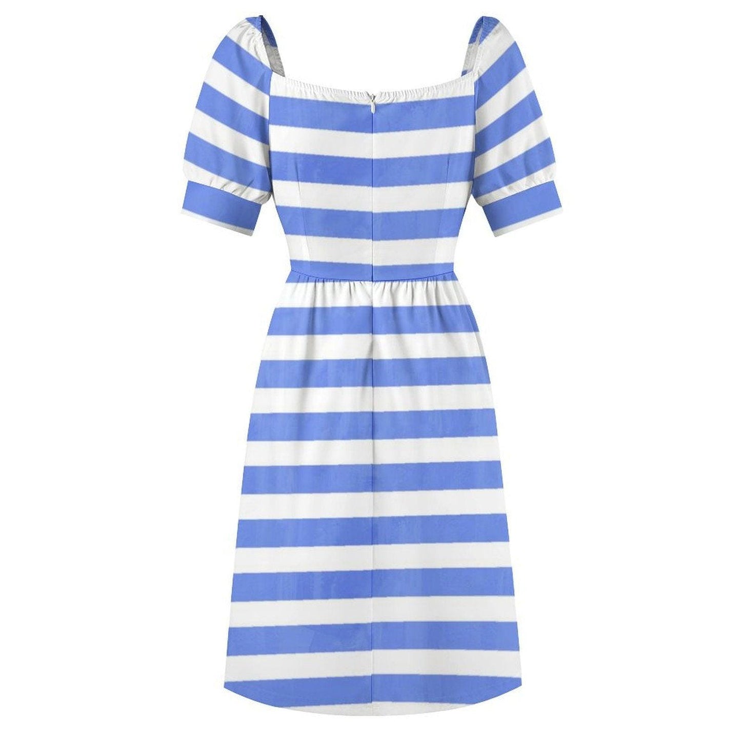Blue White Stripe Dress, Nautical Summer Sundress with Puff Sleeves Retro Style