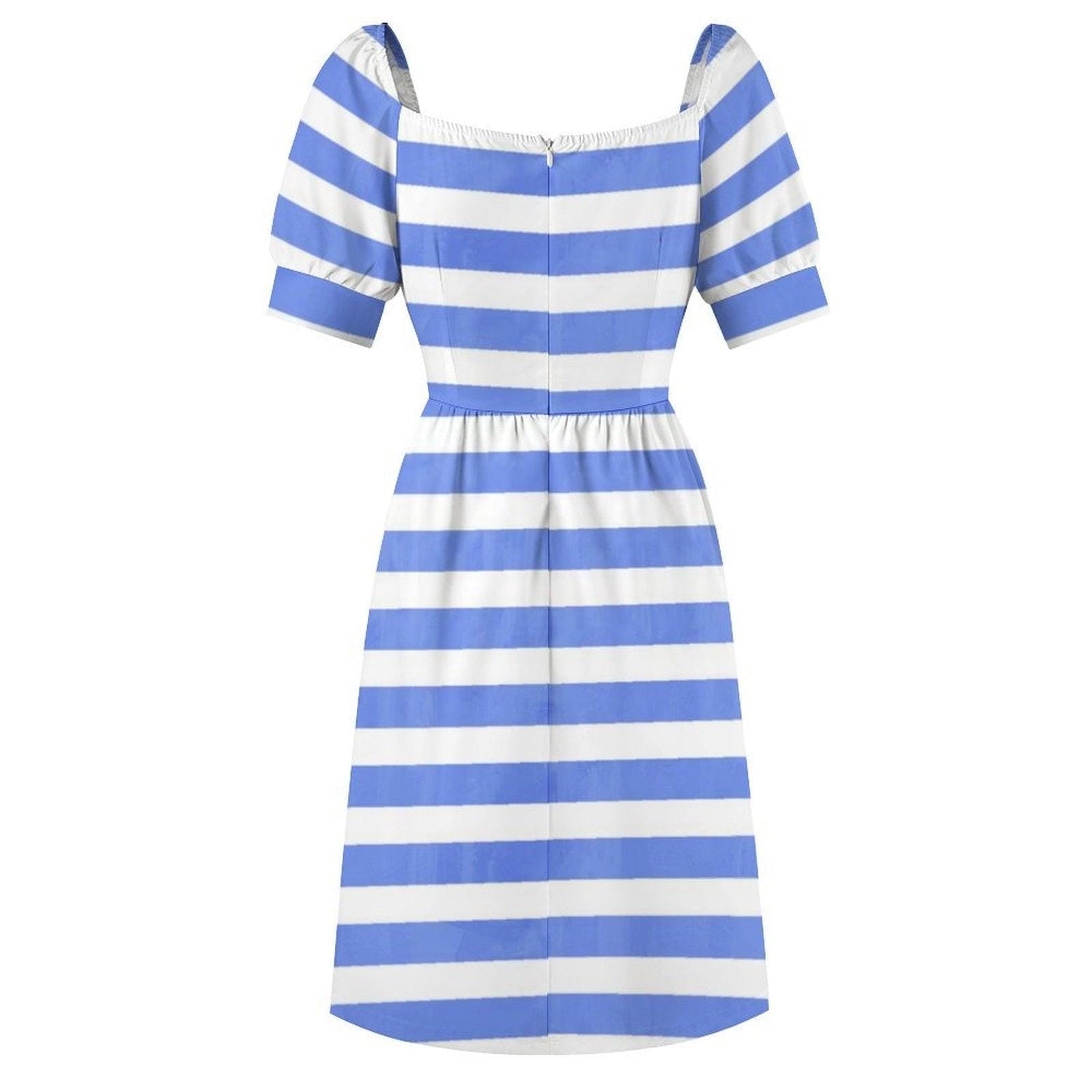 Blue White Stripe Dress, Nautical Summer Sundress with Puff Sleeves Retro Style