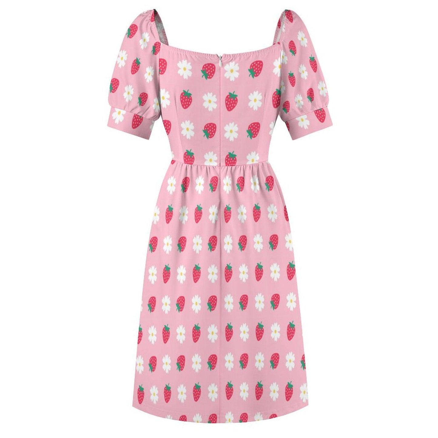Berry Daisy Midi Dress, Pink Strawberry Outfit, Cute Cottagecore Fashion, Puff Sleeve Summer Dress, Pastel Picnic Clothing,Girly Fairy Dress