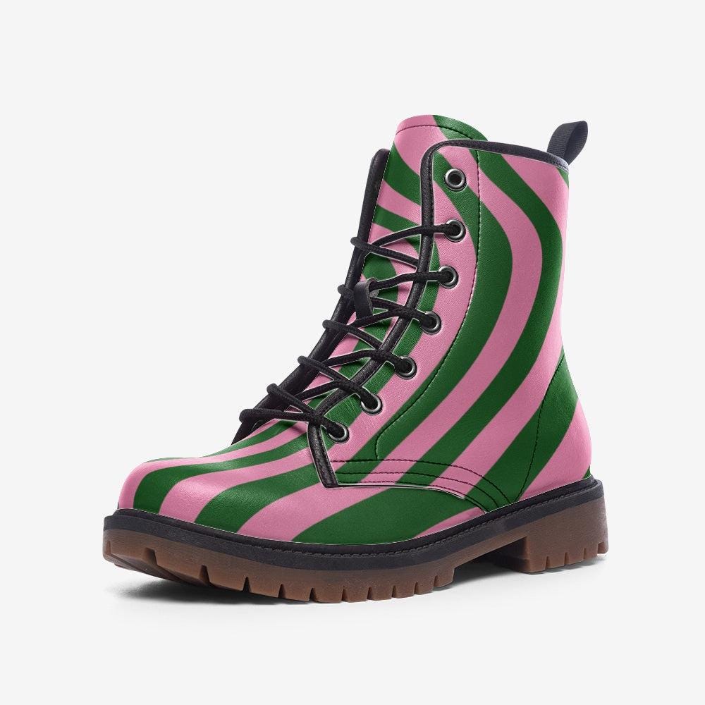 Pink Green Swirl Combat Boots with Retro Funky Design