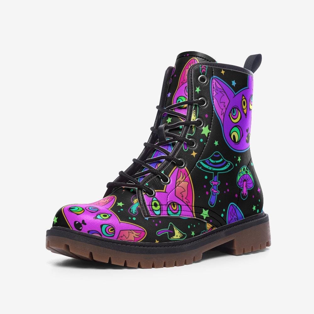 Psychedelic Cat Combat Boots with Mushroom Pattern and Trippy Art
