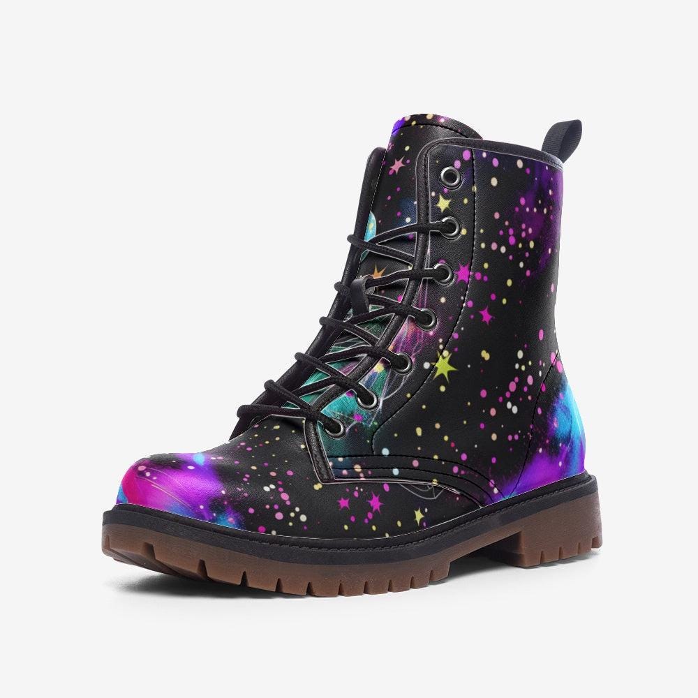 Galaxy Nebula Combat Boots, Cosmic Platform Edgy Shoes, Celestial Space Print Footwear
