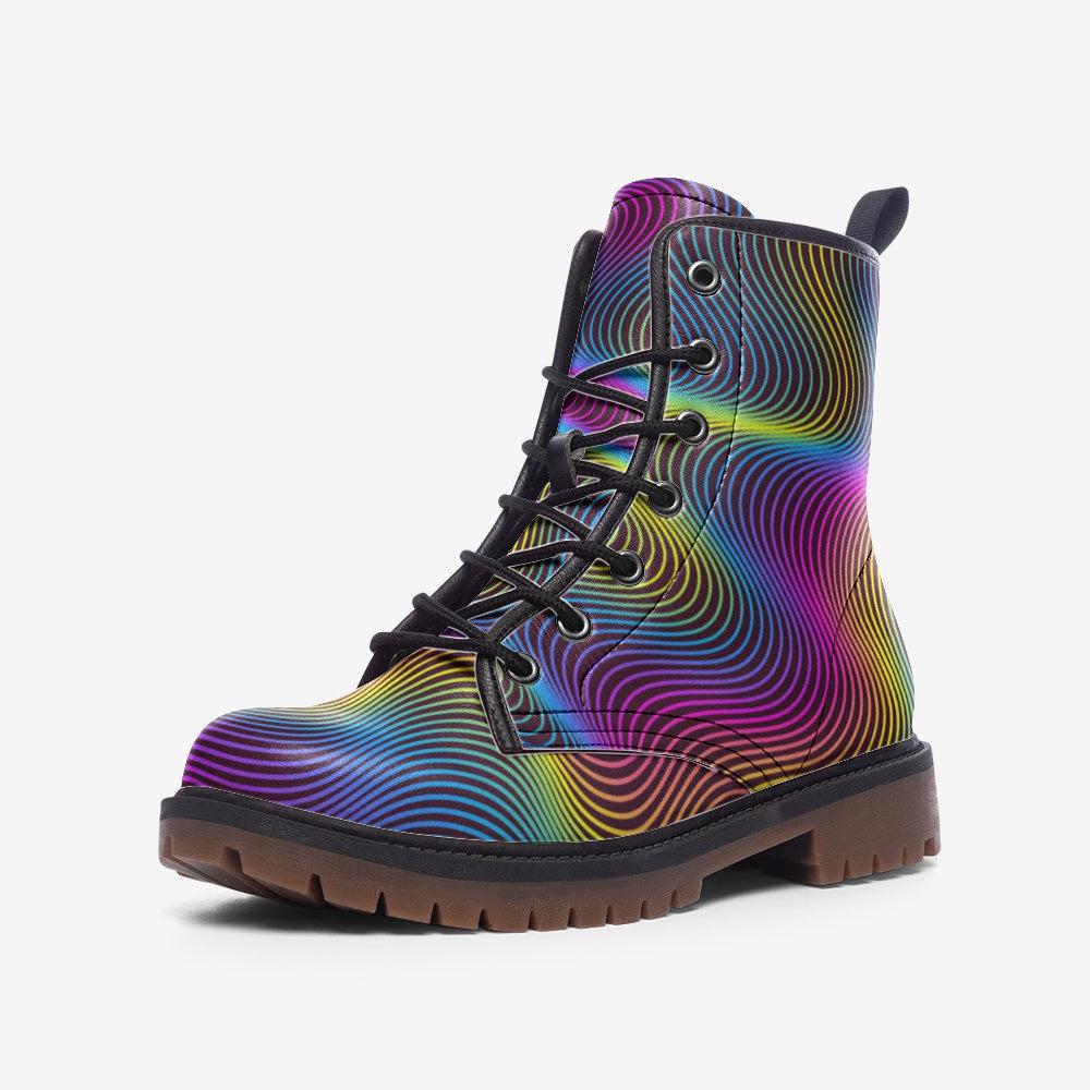 Rainbow Swirl Platform Boots, Psychedelic Festival Rave Style, Trippy Combat Boots, Colorful Rave Footwear