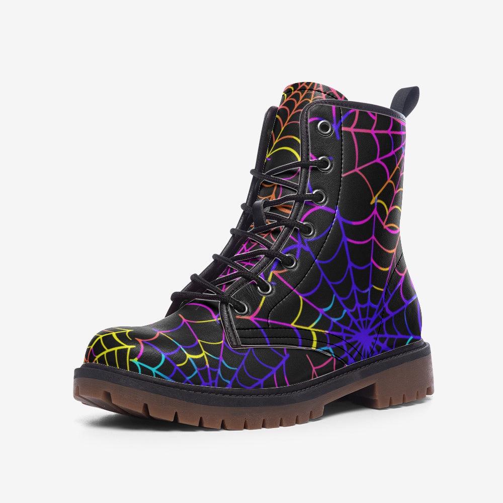 Rainbow Spiderweb Combat Boots with Dark Fantasy Halloween Vibe