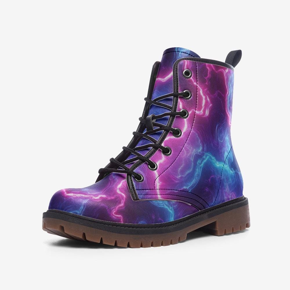 Electric lightning combat boots with cosmic storm energy print, rave, festival, bold statement footwear