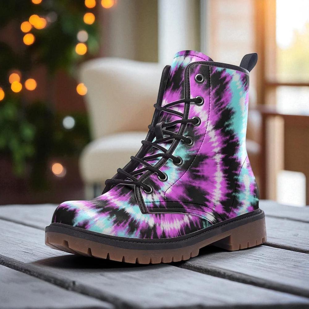 Tie dye combat boots, festival rave lace up shoes, dopamine vibe