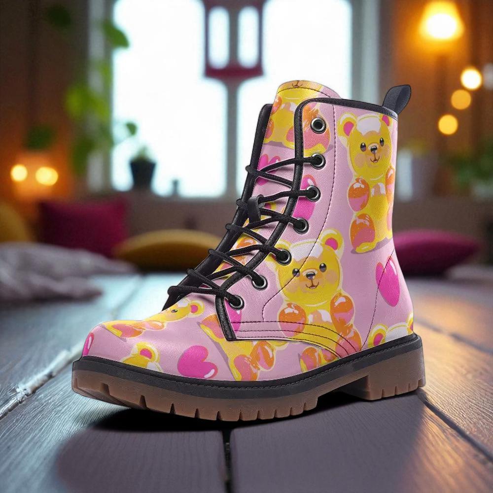 Pink gummy bear boots, pastel rave shoes, dopamine lace-up boots, candy vibe festival footwear