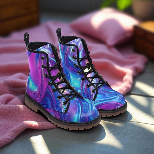 Holographic swirl boots, iridescent rave lace up shoes, festival style