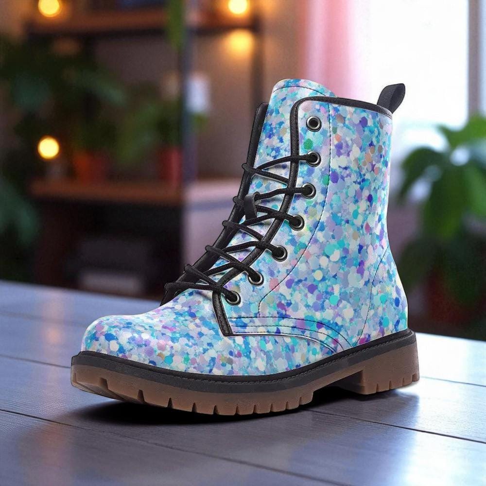 Blue Glitter Combat Boots, Sparkly Rave Shoes, Festival Ankle Boots, Alternative Party Footwear