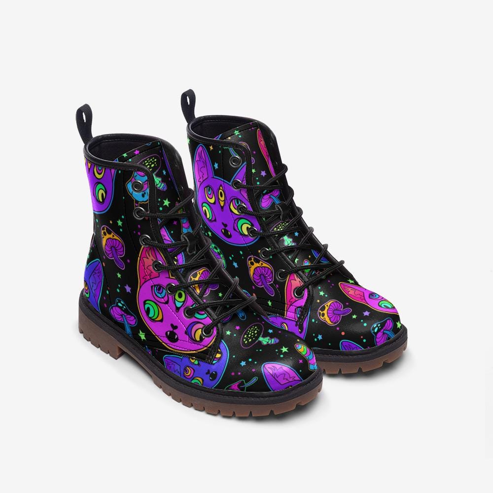 Psychedelic Cat Combat Boots with Mushroom Pattern and Trippy Art