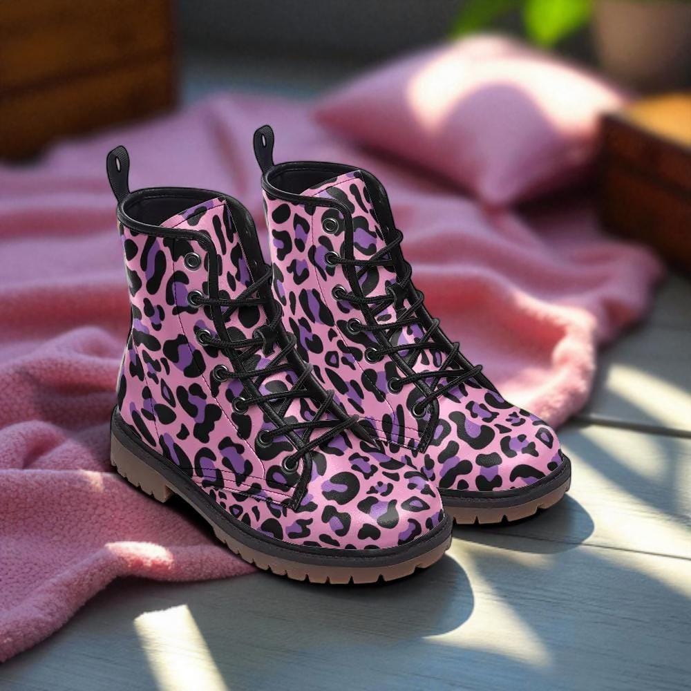 Pink leopard boots, festival rave lace up shoes, alt party footwear
