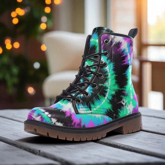 Teal Purple Tie Dye Boots, Rave Combat Shoes, Psychedelic Festival Footwear, Vegan Leather, Neon Punk Sneakers